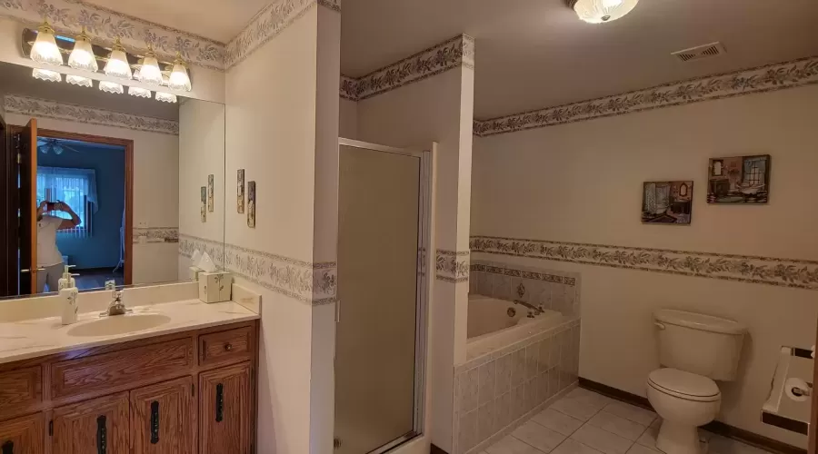 Large primary suite bathroom with tub and separate